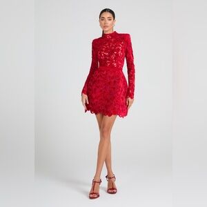 NADINE MERABI LYDIA Red Lace Long Sleeve Dress - Size Large